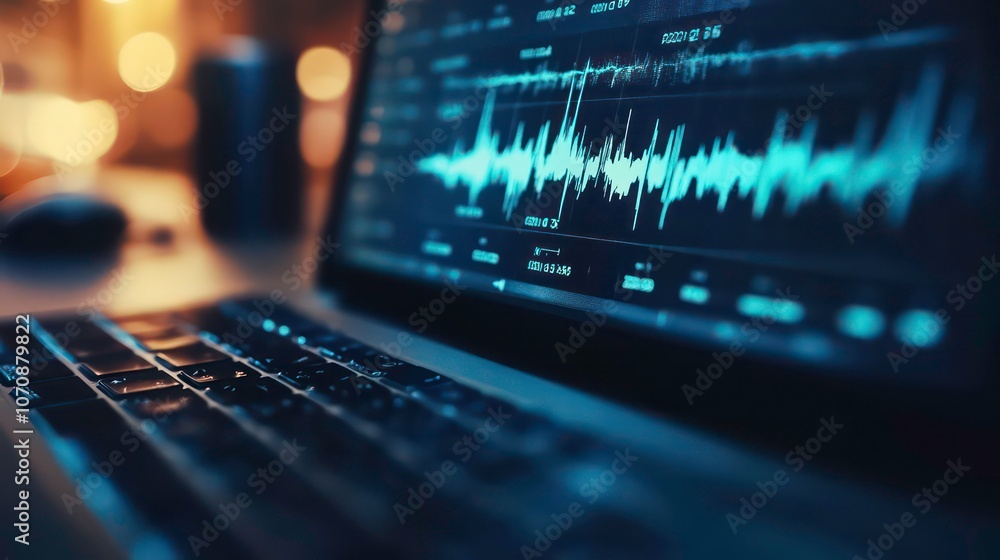 Poster Laptop displaying audio waveform for podcast transcription with text and sound representation