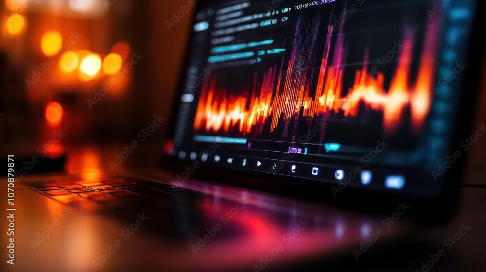 Poster A close-up of a laptop screen displaying colorful audio waveforms and coding interface.