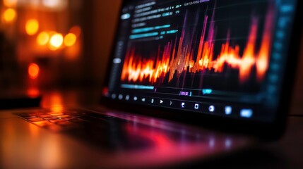 A close-up of a laptop screen displaying colorful audio waveforms and coding interface.