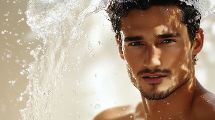 Man with dark hair smiling as water flows around him, outdoor light, relaxed expression