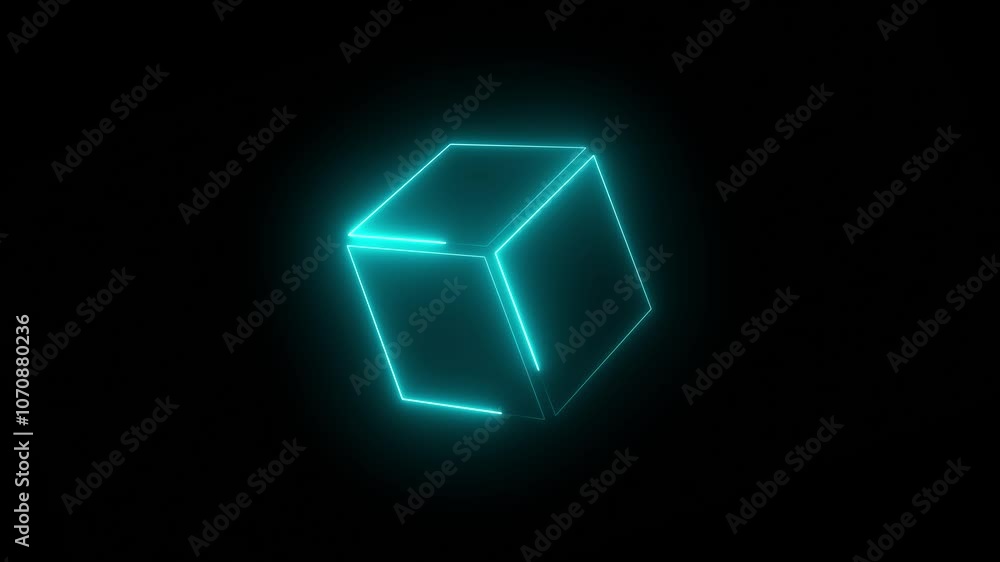 Poster colored neon glowing box frame rotation in darkness, 3d rendering. geometric portal with simple futu