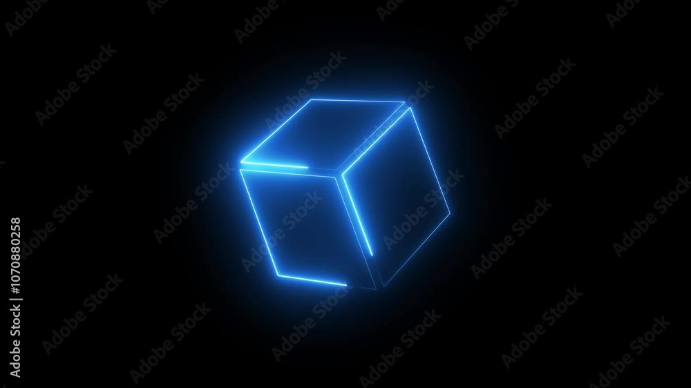 Poster colored neon glowing box frame rotation in darkness, 3d rendering. geometric portal with simple futu
