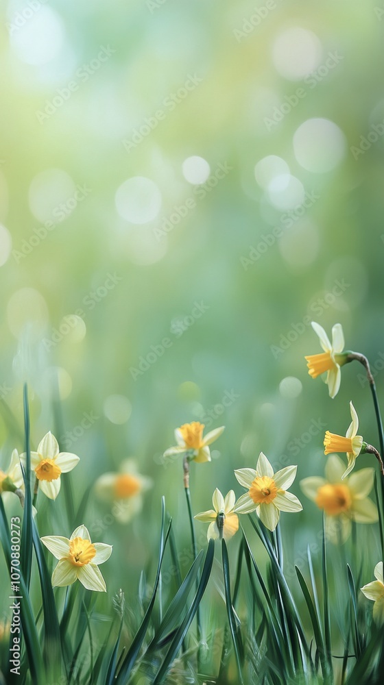 Wall mural Daffodils blooming in a serene green field during springtime in soft morning light