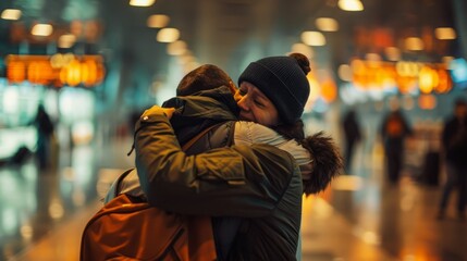 Obraz premium A woman wearing a blue beanie embraces a young man in a warm hug, their faces expressing genuine emotion. The background is blurred, suggesting a public setting like a train station or airport.