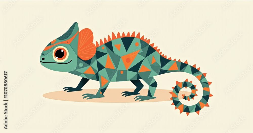 Poster Chameleon design features a cute kawaii style animal illustration with colorful geometric mosaic print on a solid background