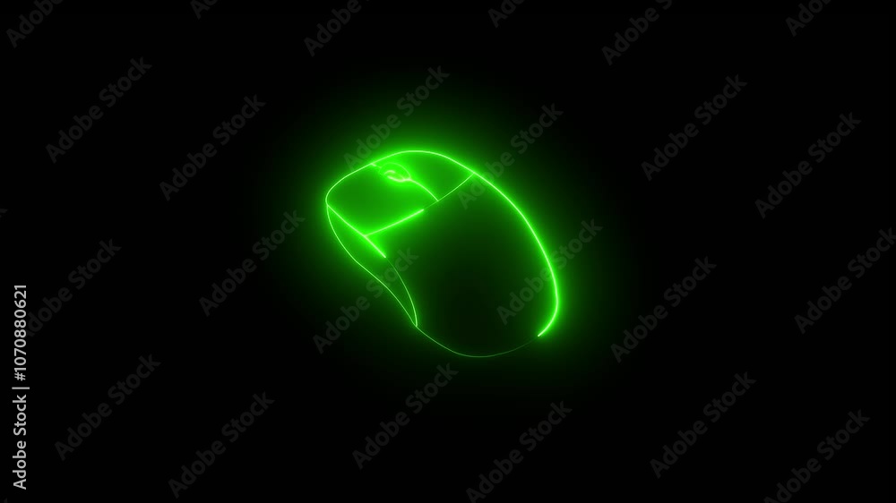 Poster green color icon animated video of the shape of a laptop mouse with lines lit up with a neon effect 