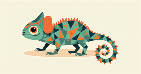 Fototapeta premium Chameleon design features a cute kawaii style animal illustration with colorful geometric mosaic print on a solid background