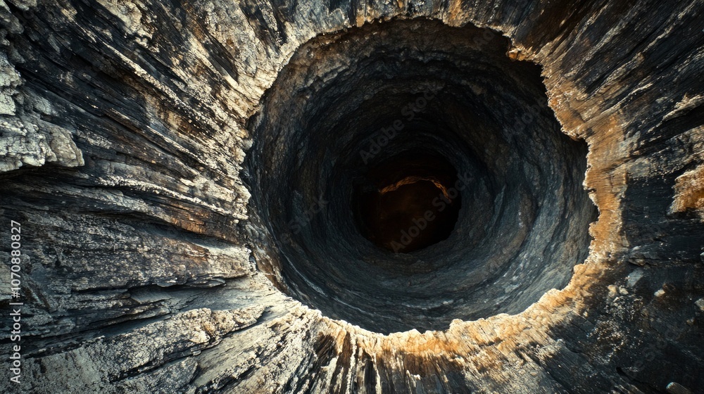 Poster a deep, dark hole appears from above, showcasing jagged rock formations and shadows within. the imag
