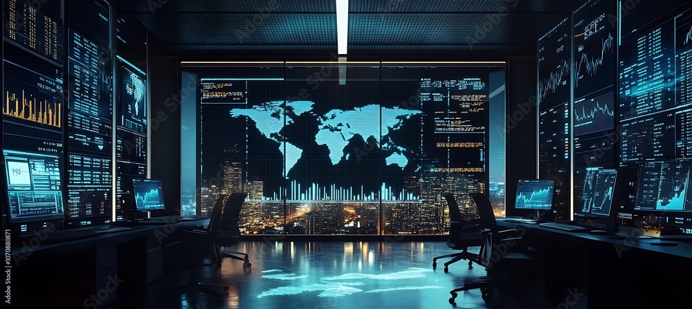 Poster a high-tech workspace with multiple screens showing global financial markets and stock charts.