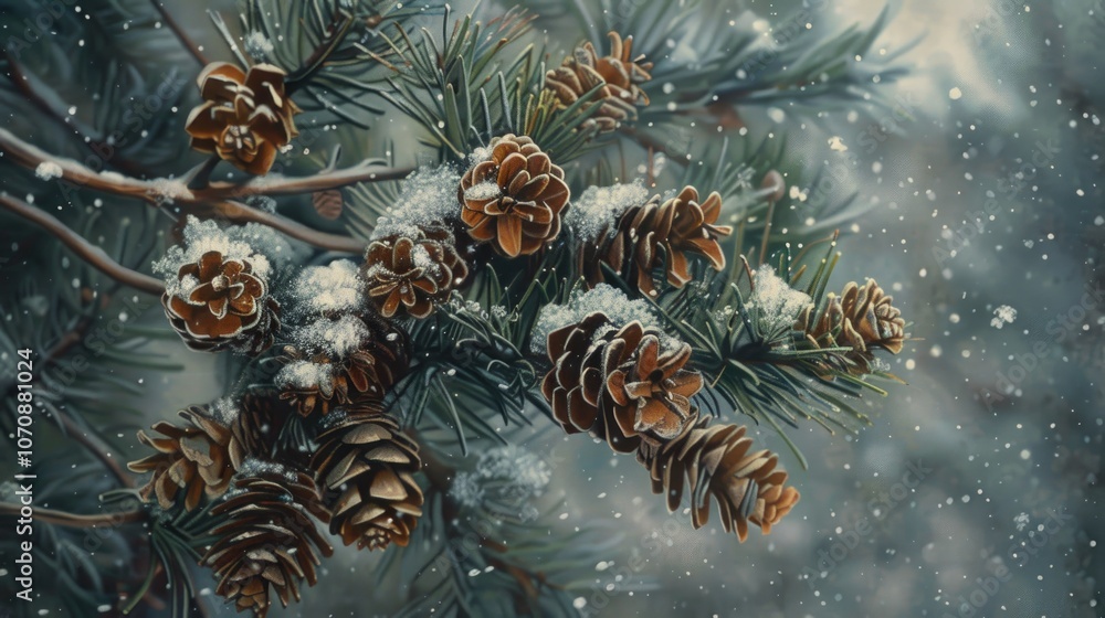 Poster close-up view of pine cones on a tree branch