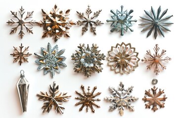 A collection of unique metal snowflakes arranged on a white surface