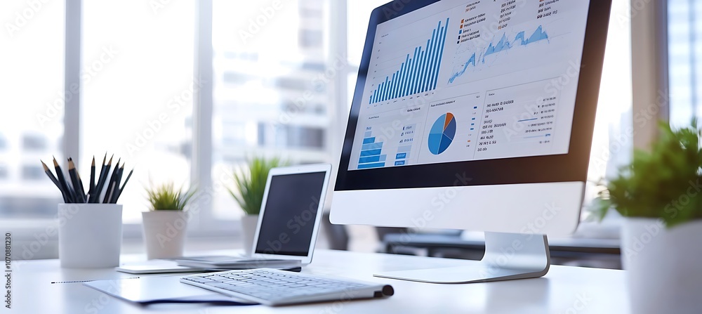 Poster a minimalist image of a business desk with a large monitor displaying a business dashboard, set agai
