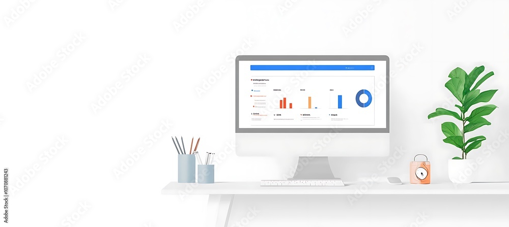 Aufkleber a minimalist image of a business desk with a large monitor displaying a business dashboard, set agai