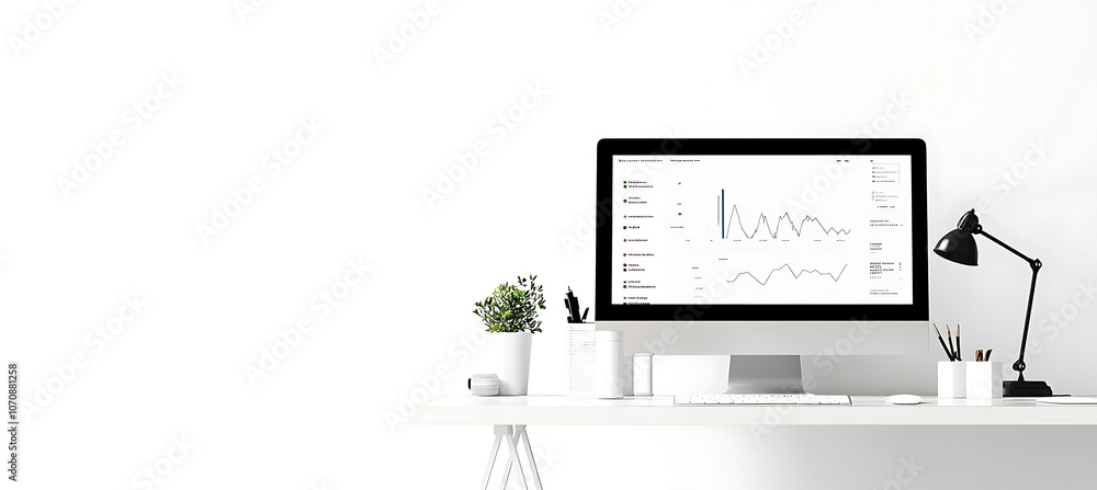 Aufkleber a minimalist image of a business desk with a large monitor displaying a business dashboard, set agai