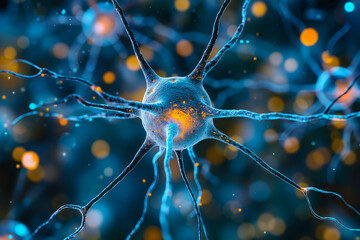 A close up of a blue and orange neuron