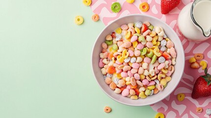 Colorful Breakfast Bowl with Fun Cereals and Strawberries
