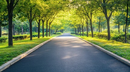 A serene tree-lined road illuminated by sunlight, inviting peaceful walks or drives.