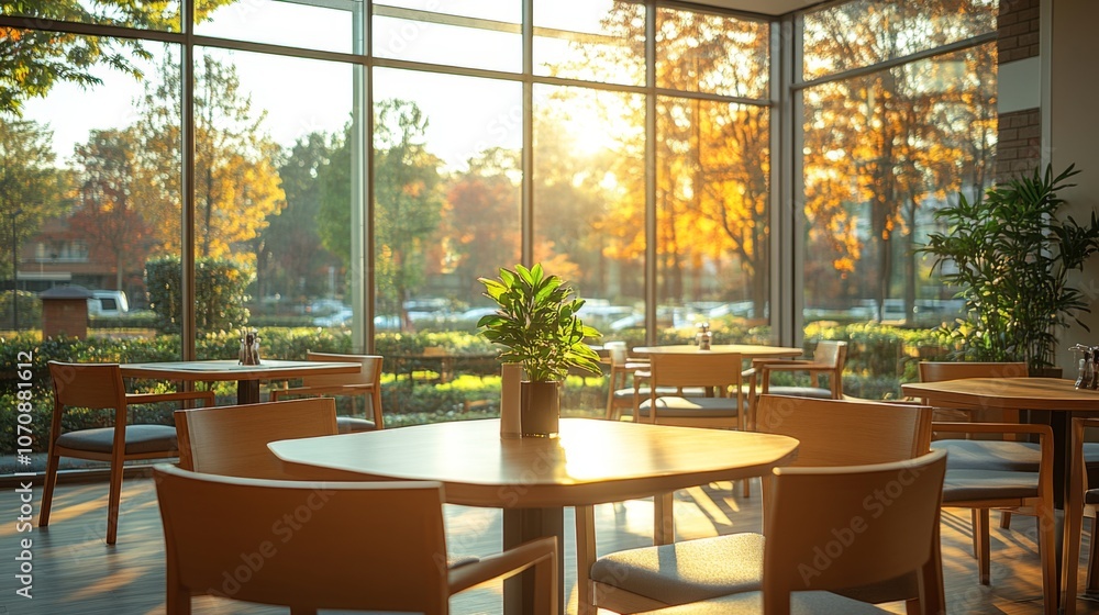 Poster a warm, inviting dining area features wooden tables and chairs. sunlight streams through large windo