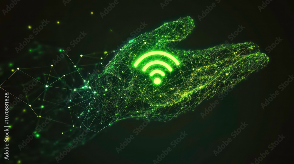 Leinwandbilder It has a glowing green Wi-Fi icon on its hand, surrounded by a digitally styled network of connected lines and dots