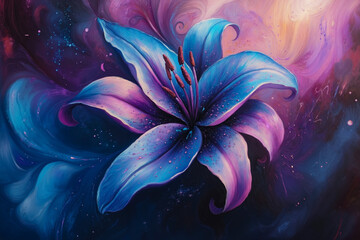 Fototapeta premium A painting of a blue and purple flower on a purple background