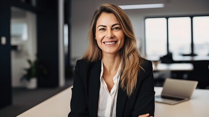 Fototapeta premium Professional Woman Smiling in Modern Office Setting