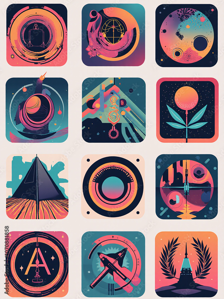 Poster collection of abstract retro futuristic logo icons big collection of geometric shapes symbols and ob