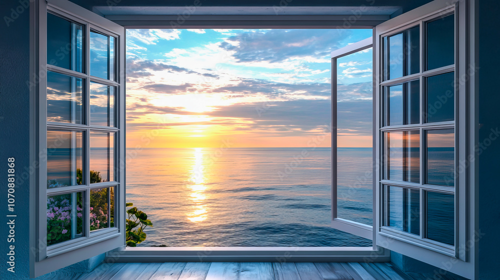 Wall mural Beautiful sea view from the open window