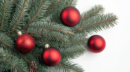 Obraz premium Decorative Christmas ornaments on a natural pine branch, ideal for holiday-themed designs and illustrations