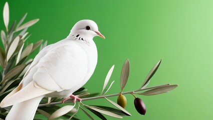 White dove with an olive branch, symbolizing peace. isolated on a solid chromakey background.