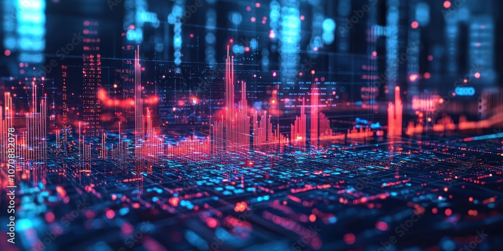 Aufkleber abstract digital cityscape with red and blue lines and data