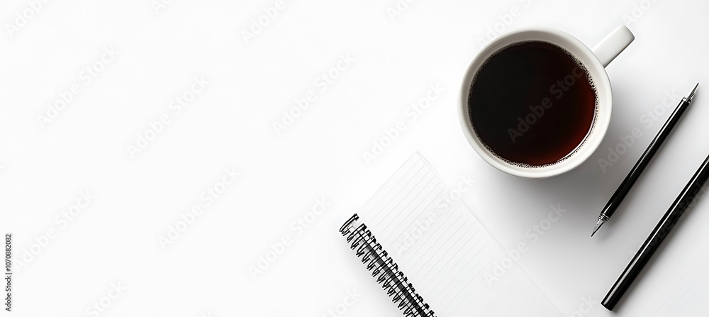 Poster a minimalist image of a workspace with only a notebook, pen, and cup of coffee, set against a clean 
