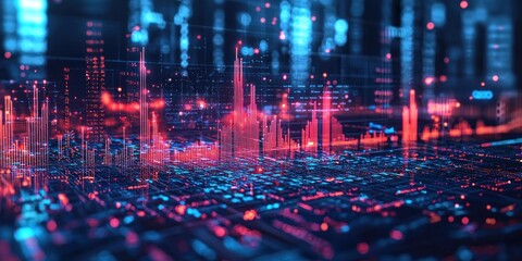 Fototapeta premium Abstract Digital Cityscape with Red and Blue Lines and Data