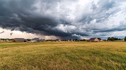 Obraz premium Tornado Approaching Small Town in Panoramic View