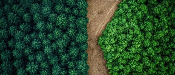 Aerial view of contrasting forested areas divided by a dirt path.