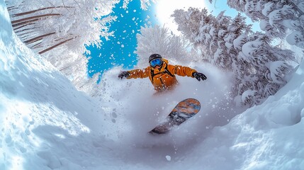 A snowboarder executes an impressive backflip trick against a backdrop of snow-covered trees during a bright winter day