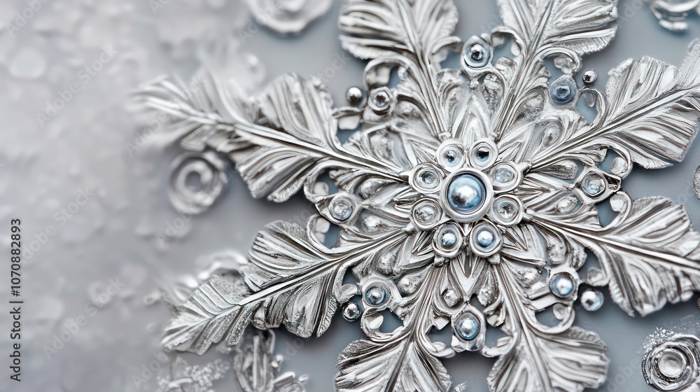 Poster A detailed silver snowflake design showcasing intricate patterns and embellishments.