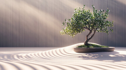 zen garden bonsai tree with sand and light