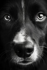 A close-up shot of a dog's face in black and white
