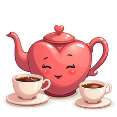 Love brews warmth and joy in every sip from this charming teapot and cups, digital art of character design concept.