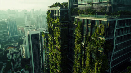 Obraz premium A high-rise building adorned with vertical gardens, showcasing greenery and sustainable living in an urban environment.