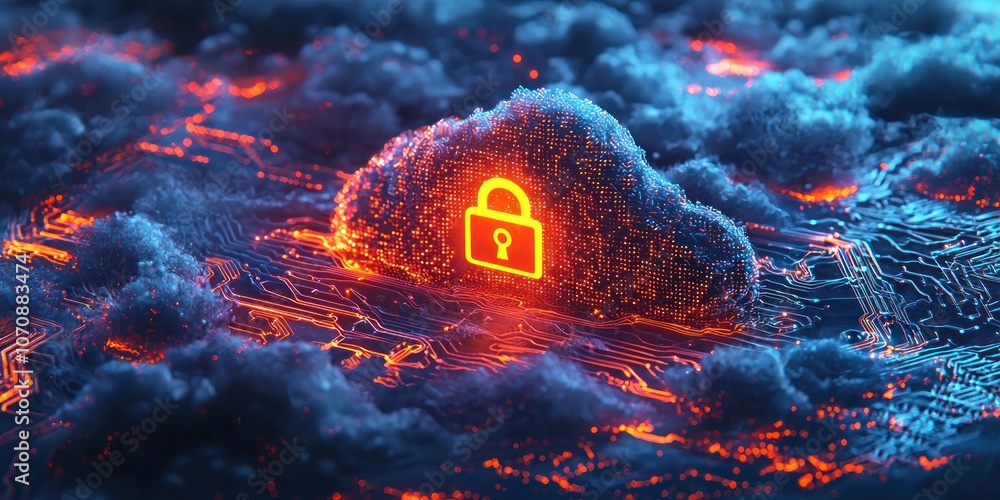 Poster Digital Cloud with Secure Lock Symbol on Circuit Board