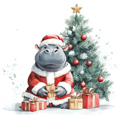 Cute hippo in santa outfit delivers holiday cheer with christmas presents