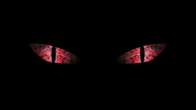 Demonic red, cat-like gaze.