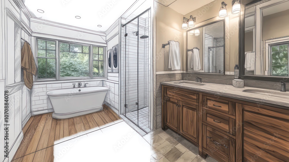 Poster interior drawing showing the before and after of a new bathroom upgrade construction project. concep