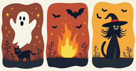 Cute flat trend minimal Halloween posters with ghost fire flame witch cat design in groovy calligraphy font for a spooky Y2K vibe