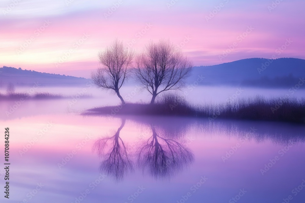 Poster two trees resting on the calm surface of a lake