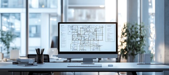A minimalist workspace with a large monitor displaying an intricate flowchart of a business process, set in a clean, modern office.