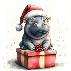 Celebrate christmas with a cute hippo sitting on a gift box in a festive scene