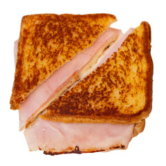 Grilled golden brown bikini sandwich with ham and cheese slices, served on white plate, ideal for...