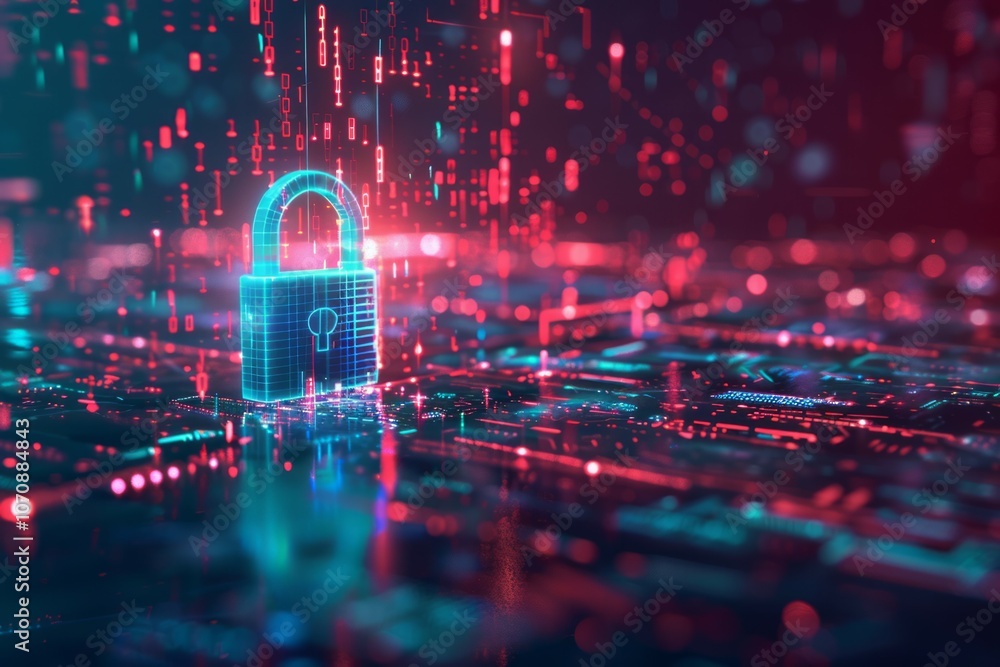 Poster cyber security lock glowing in dark red and blue cyberspace chip surface. neural network ai generate